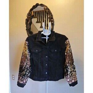AKIRA Camila Sequin Sleeve Black Denim Jean Jacket Womens XL New NWT Bling